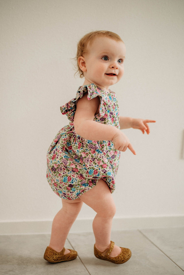infant girls purple ditsy calico floral print romper