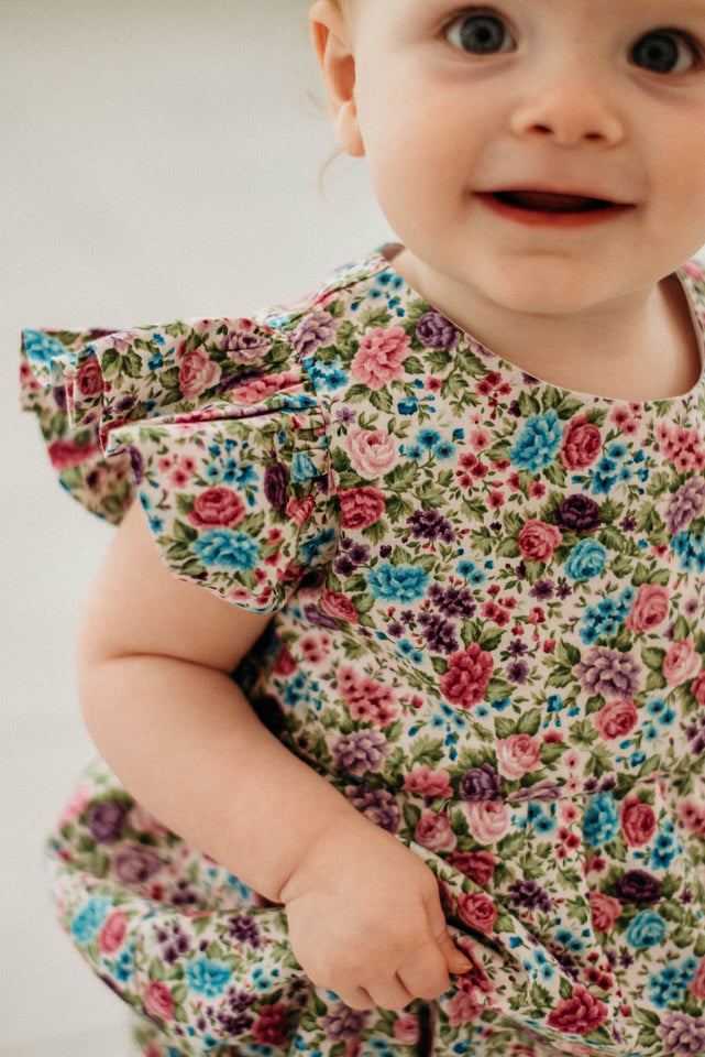 infant girls purple ditsy calico floral print romper