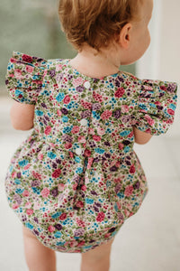 infant girls purple ditsy calico floral print romper