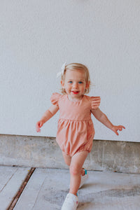 little girls dusty rose pink linen bubble romper