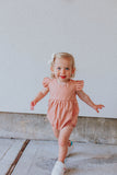 little girls dusty rose pink linen bubble romper