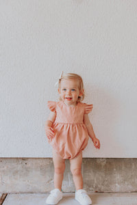 infant girls dusty rose pink linen first birthday bubble romper
