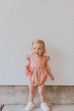 infant girls dusty rose pink linen first birthday bubble romper