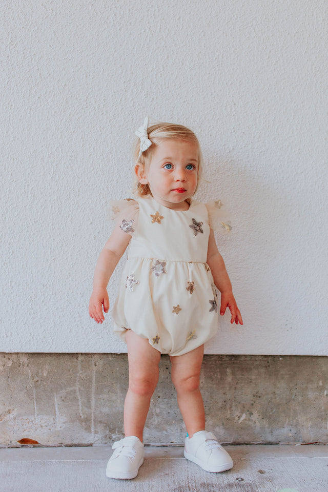 Infant Girl's Ivory Soft Tulle Lace Sequined Stars Bubble Romper