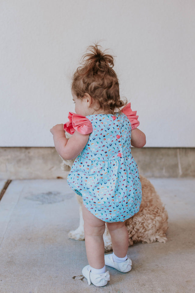 Infant Girls Aqua and Pink Sushi Print Themed Bubble Romper