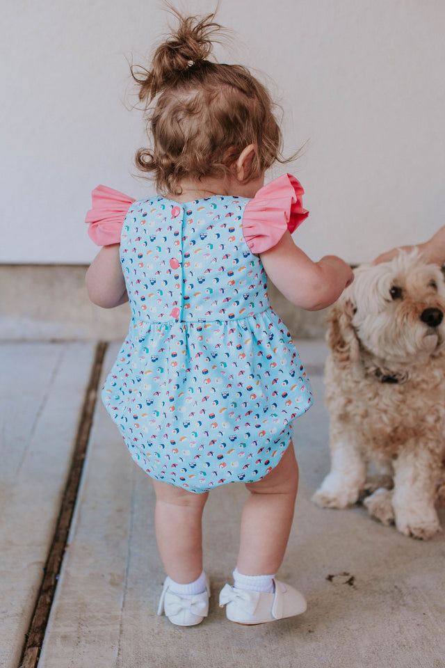 Infant Girls Aqua and Pink Sushi Print Themed Bubble Romper