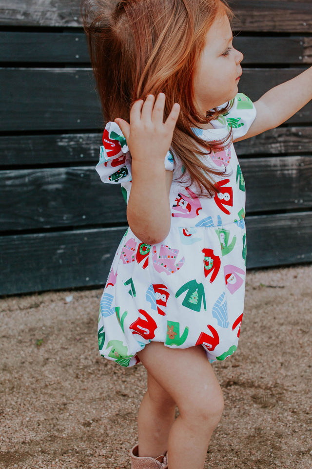 Infant Girl's Multicolor Christmas Sweater Print Cotton Bubble Romper.