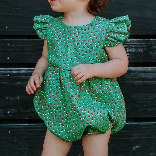 Infant Girl's Red and Green Santa's Stocking Print Bubble Romper