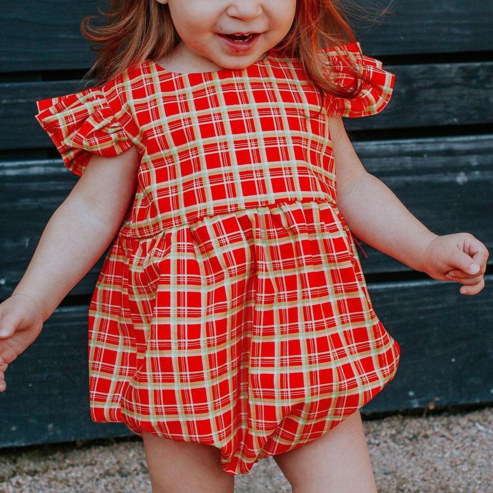 infant girls red and gold tartan print christmas bubble romper