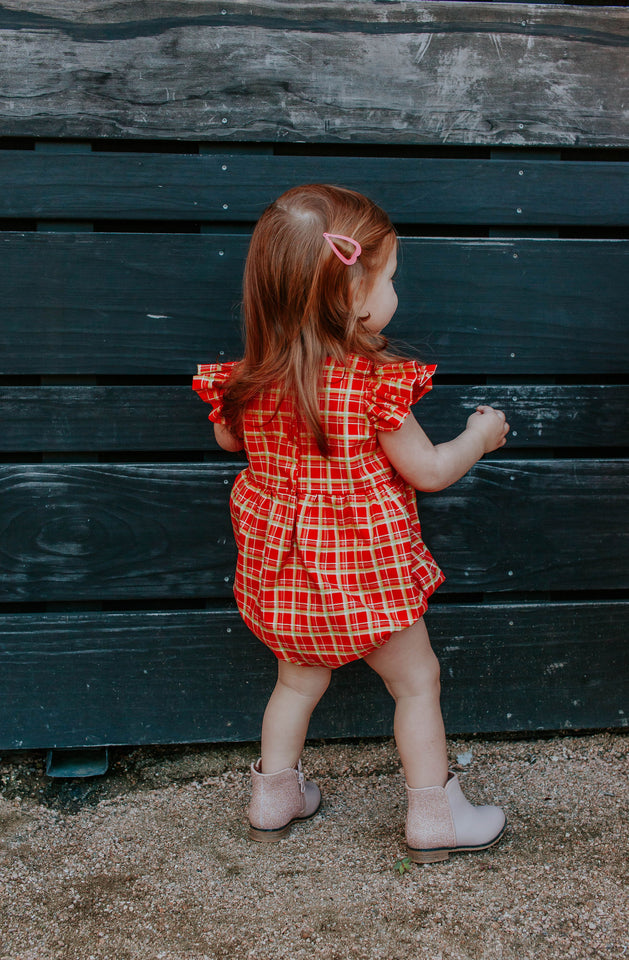 Infant Girl's Red and Gold Tartan Print Christmas Bubble Romper