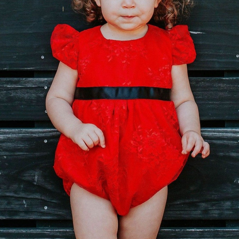 Infant Girl s Red Lace Bubble Romper with Black Satin Sash 6 12 Months Red