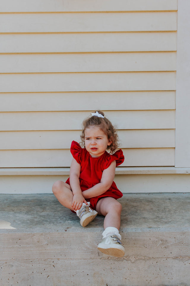 infant girl's red velvet bubble romper