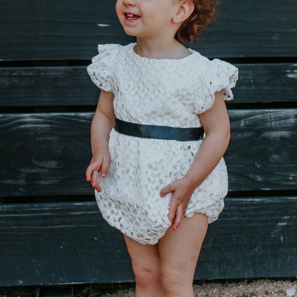 Infant Girl's White Lace Bubble Romper with Black Satin Sash
