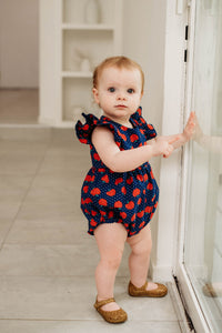 Infant Girl's Red and Blue Apple Print Bubble Romper