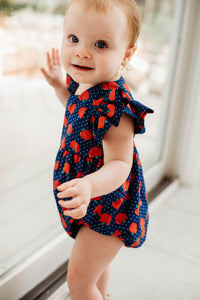 Infant Girl's Red and Blue Apple Print Bubble Romper