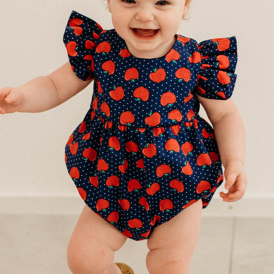 Infant Girl s Red and Blue Apple Print Bubble Romper
