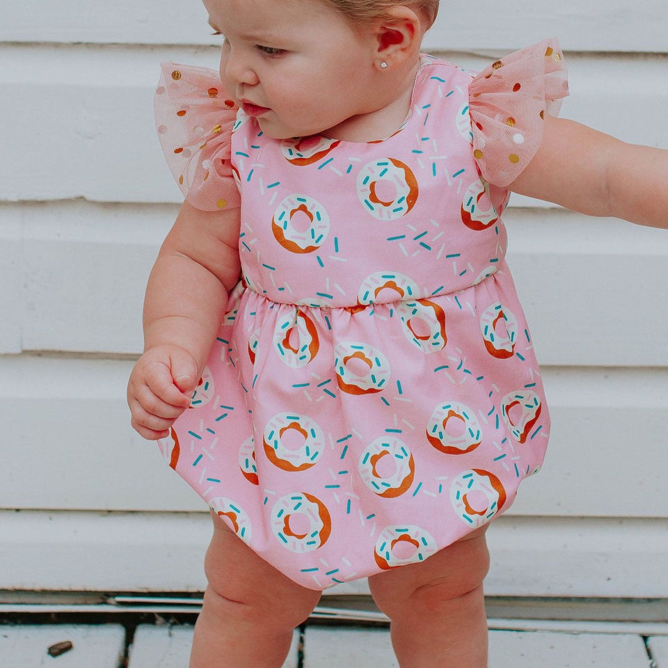 Infant Girl's Pink Donut Print Bubble Romper with Tulle Sleeves