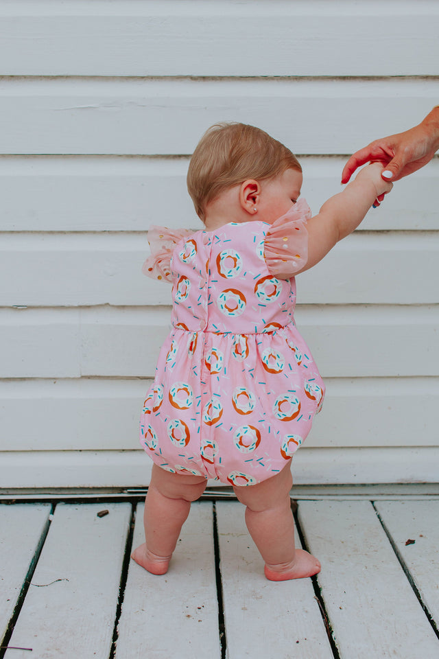 Infant Girl's Pink Donut Print Bubble Romper with Tulle Sleeves