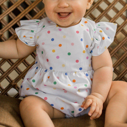rainbow polka dot bubble romper