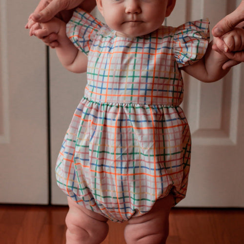 Infant Girl's Multicolor Rainbow Squares Print Bubble Romper