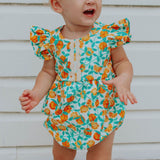 little girls orange print citrus bubble romper