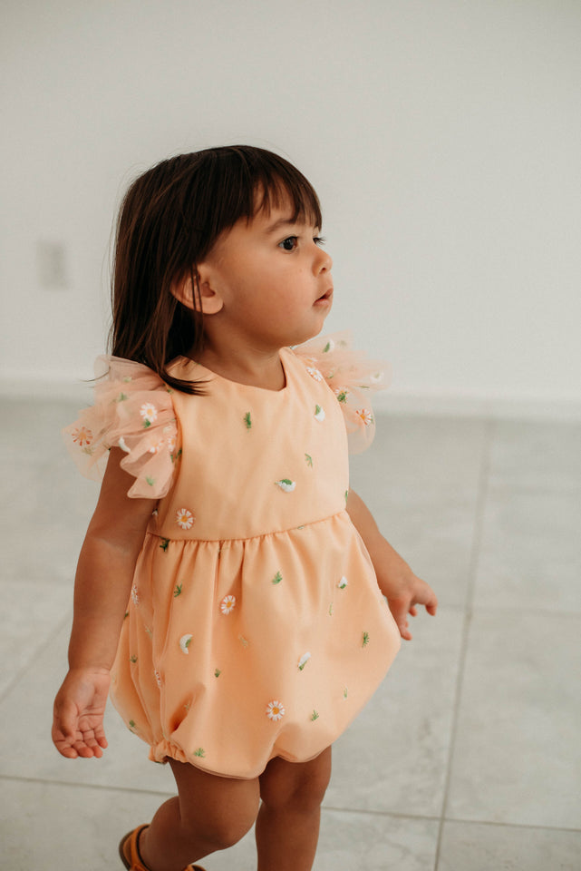 Infant Girl's Peach Tulle Daisy Print Bubble Romper