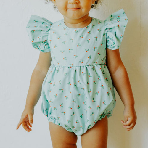 Infant Girl's Turquoise Blue Holly Print Christmas Bubble Romper