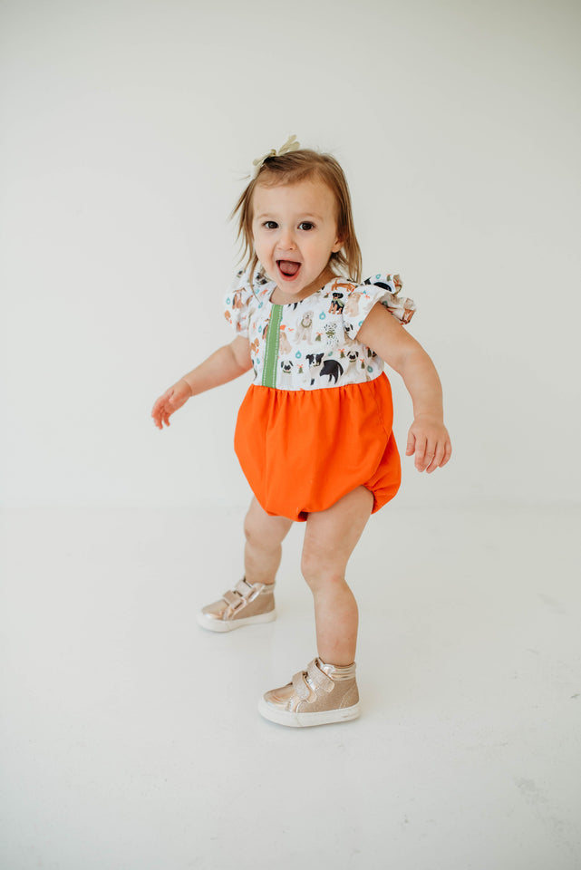 Infant Girl's Green and Orange Dog Print Christmas Bubble Romper