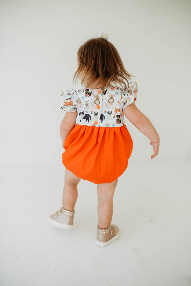 Infant Girl's Green and Orange Dog Print Christmas Bubble Romper