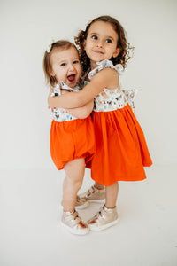 Infant Girl's Green and Orange Dog Print Christmas Bubble Romper