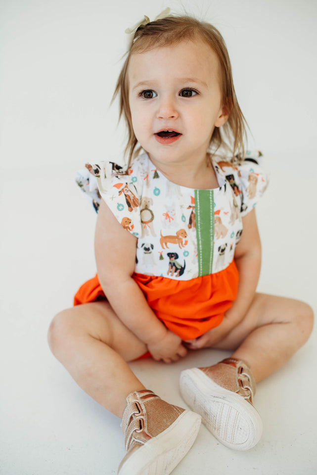 Infant Girl's Green and Orange Dog Print Christmas Bubble Romper