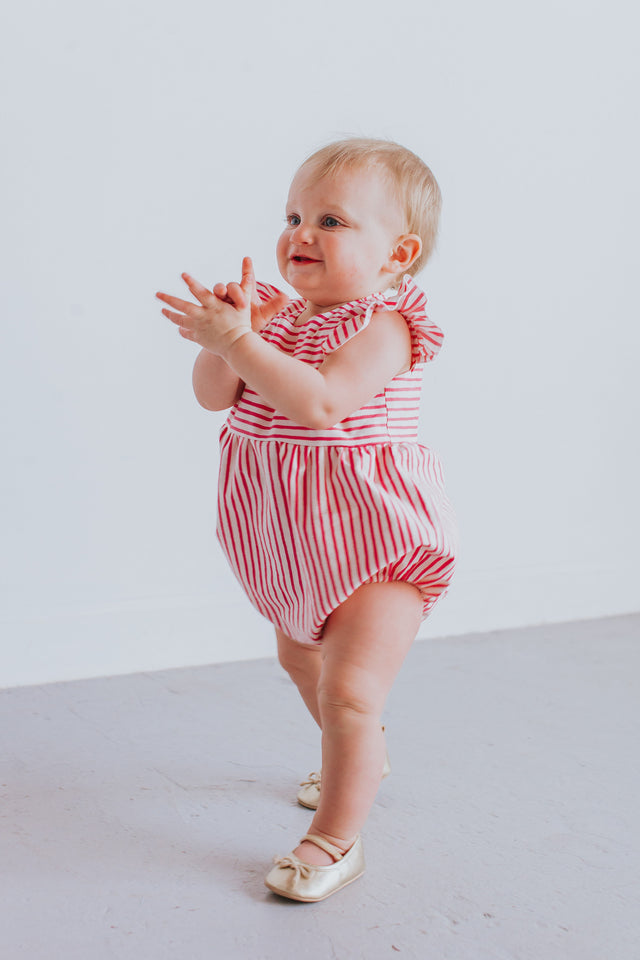 Infant Girl's Rifle Paper Pink and White Stripe Cotton Bubble Romper