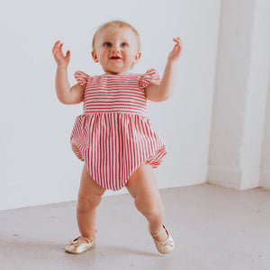 Infant Girl's Rifle Paper Pink and White Stripe Cotton Bubble Romper