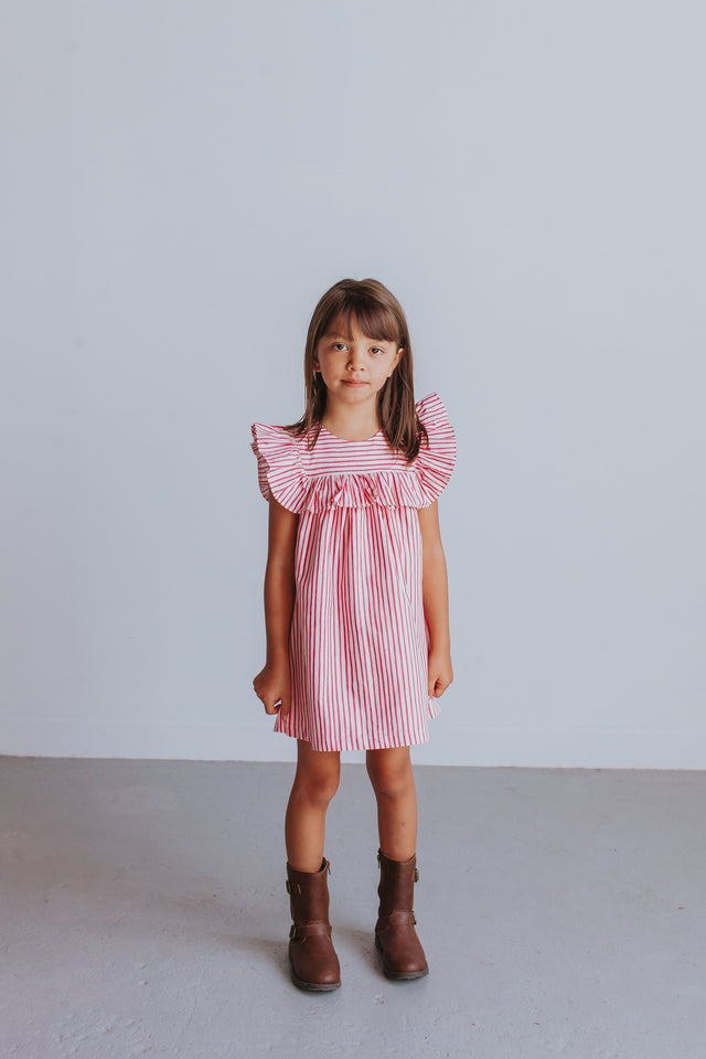 Little Girl's Pink and White Stripe Ruffle Cotton Dress with Ruffle Co ...
