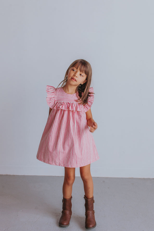 Little Girl's Pink and White Stripe Ruffle Cotton Dress with Ruffle Co ...
