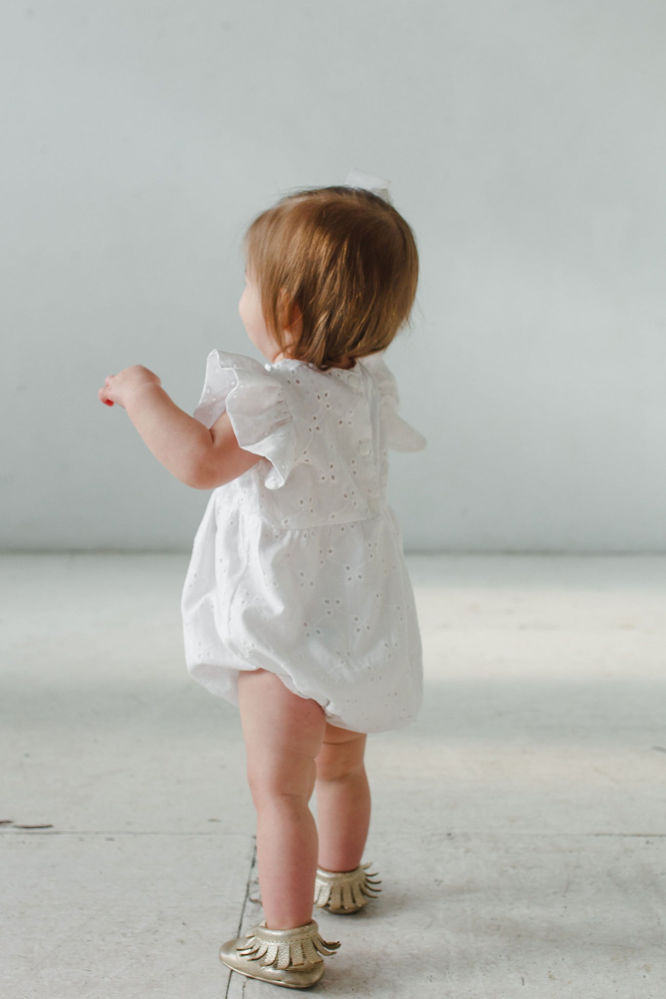 Infant Girl s White Eyelet Ruffle Sleeve Romper cuteheads