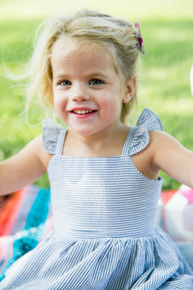 Girl’s Gray Flutter Sleeve Seersucker Dress