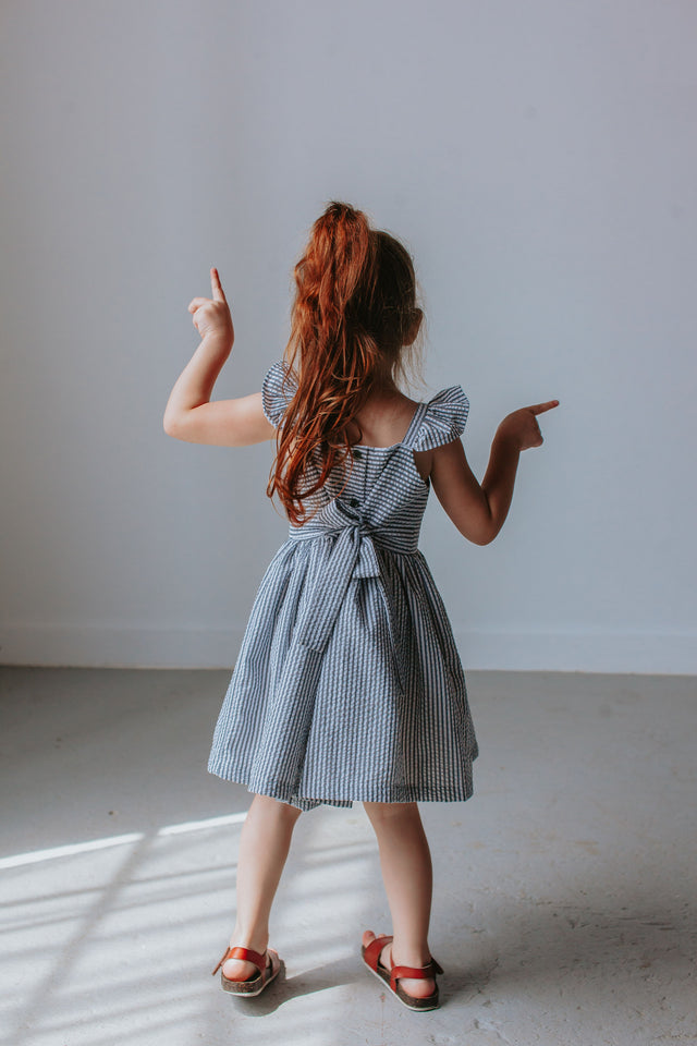 little girls gray and white seersucker dress