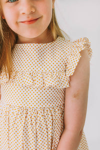 Little Girl's White and Yellow Gold Polka Dot Ruffle Collar Dress