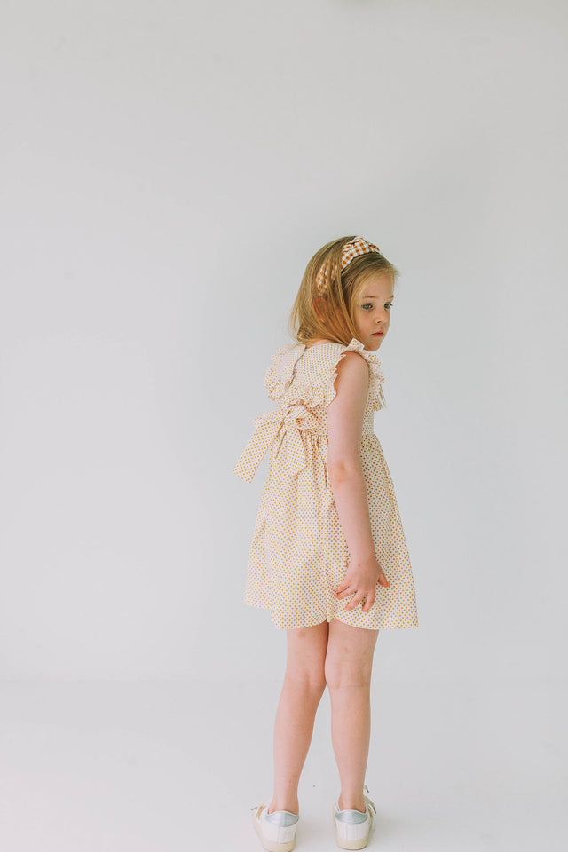 Little Girl's White and Yellow Gold Polka Dot Ruffle Collar Dress