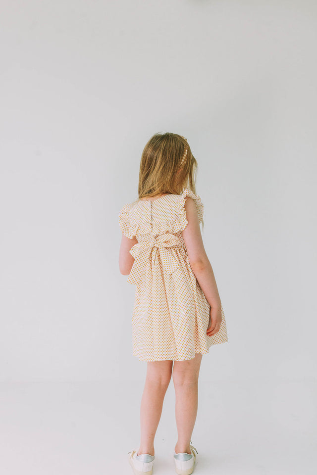 Little Girl's White and Yellow Gold Polka Dot Ruffle Collar Dress