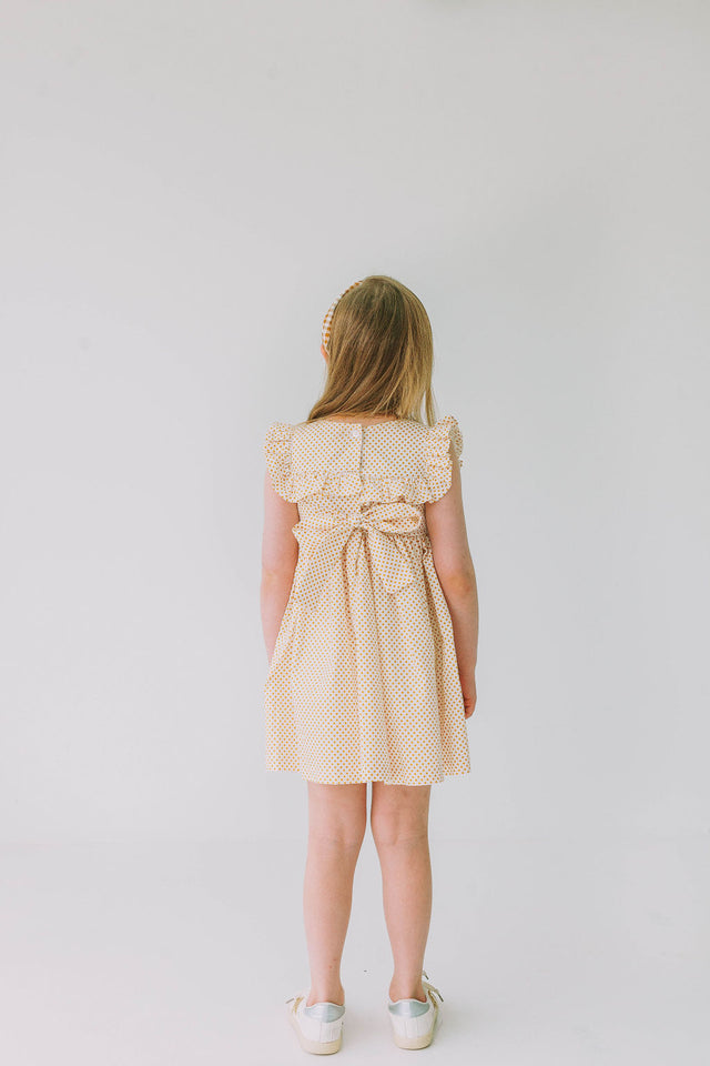 Little Girl's White and Yellow Gold Polka Dot Ruffle Collar Dress