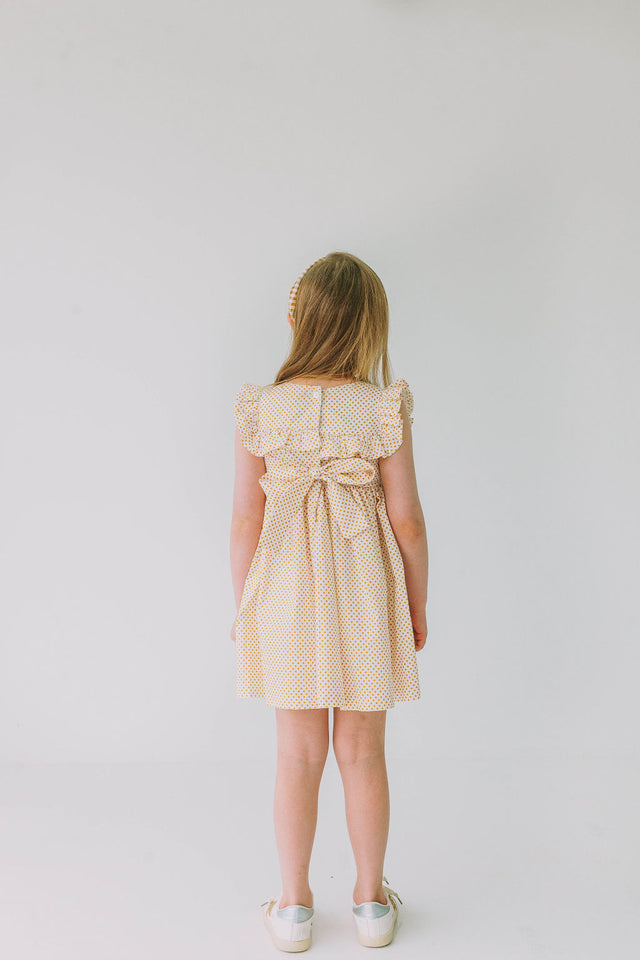 Little Girl's White and Yellow Gold Polka Dot Ruffle Collar Dress