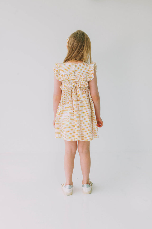 Little Girl's White and Yellow Gold Polka Dot Ruffle Collar Dress