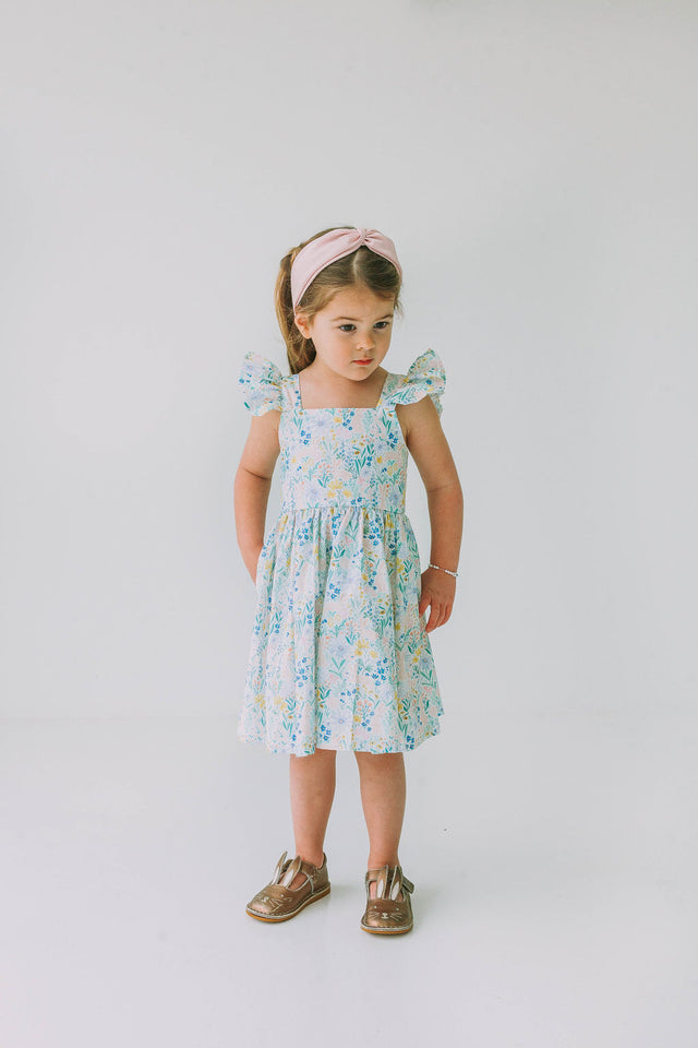 Little Girl's Pink and Blue Pastel Bunny Print Easter Dress