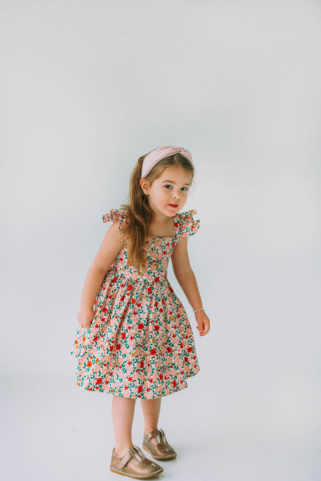 little girls pink red and gold floral twirl dress with flutter sleeves