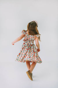 little girls pink red and gold floral twirl dress with flutter sleeves