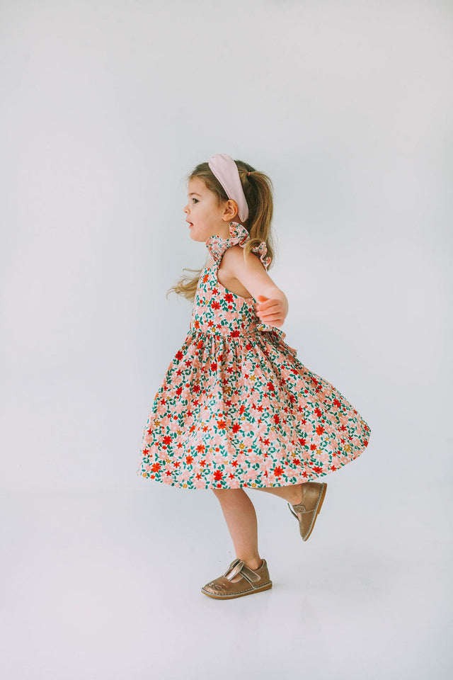 little girls pink red and gold floral twirl dress with flutter sleeves