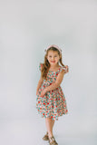 little girls pink red and gold floral twirl dress with flutter sleeves