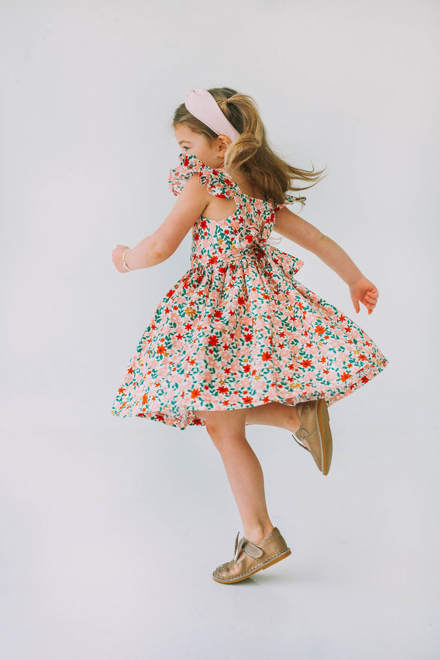 little girls pink red and gold floral twirl dress with flutter sleeves